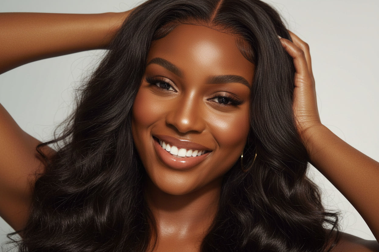 happy girl with beautiful hair and fresh skin